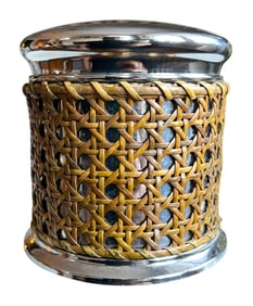 1990s Stainless Natural Cane Wrapped Canister Storage Box Jar