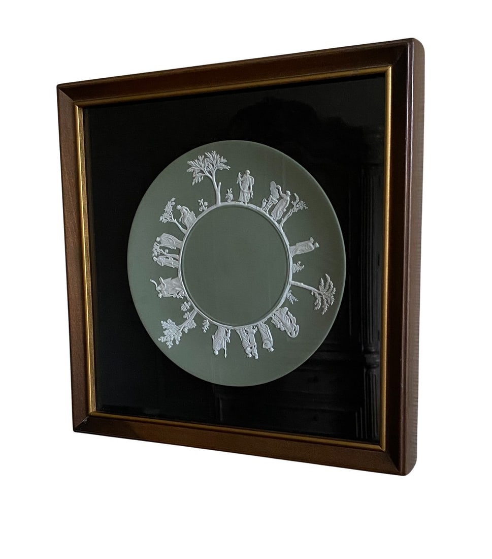Late 1950s Wedgwood Jasperware Three Sacrifices Sage Green Dinner Plate, Framed: Sage Green Wedgwood Jasperware Dinner Plate, circa 1959. Framed in a very handsome American walnut frame with gold gilt detail and black cloth matting. The pattern is "The Three Sacrifices" and which