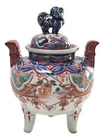 Japanese Imari Tripod Censer With Foo Dog Lid, Antique Arita Porcelain Edo-Meiji Era 6.75"