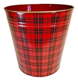 Mid-Century Boho Chic Red Tartan Plaid Metal Wastebasket.