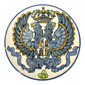 1960s Hand Painted Majolica Crest Blue White Yellow Decorative Wall Plate