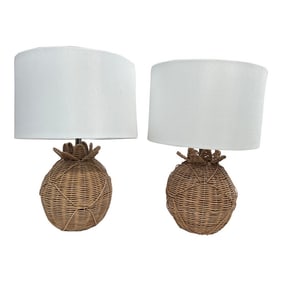 Pair of 1970s Wicker Round Lamps With White Lampshades
