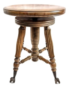 Antique Tonk Solid Wood Adjustable Piano Stool With Fluted Legs and Glass Ball Claw Feet