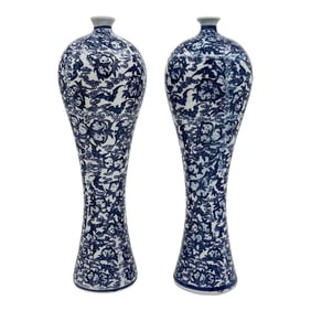 Vintage Chinoiserie Blue and White Tall Slender Dragon Vases - A Pair