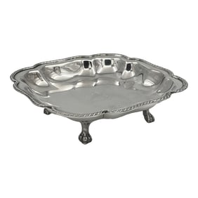 Vintage Engraved Lion Crest Gadrooned Rim Silverplate Tray With Paw Feet, Gratuity Plate, Business C