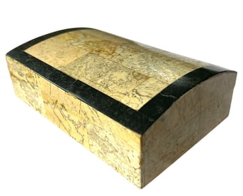 1980s Vintage Postmodern Tessellated Cream and Black Stone Box With Domed Lid and Black Marble Inlay