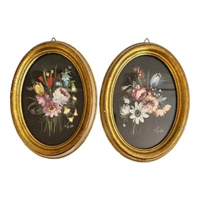 Vintage Floral Prints in Oval Florentine Frames - A Pair