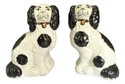 Pair of Vintage Staffordshire White Spaniel Mantle Dog Figurines