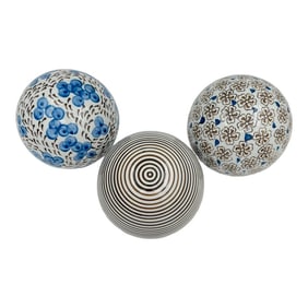 Vintage Chinoiserie Oversized XL Ceramic Carpet Balls in Blues & Browns, Dots, Pinstripes, and Flora