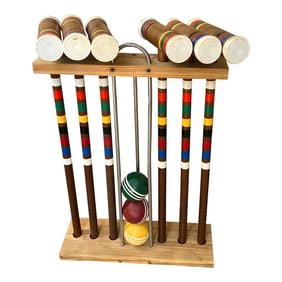Vintage Wooden Croquet Game Set and Holder- 10 Pieces
