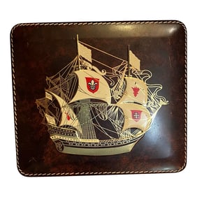 Late 20th Century Vintage Tin Metal Storage Container With Schooner Ship