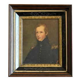 Early 20th Century Antique Black and Gold Banner Detail Wooden Frame With Major Biddle Print