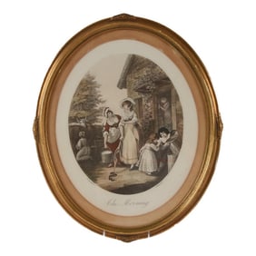 Early 20th Century Antique "The Morning" Hand-Colored Oval Print by Hamilton & Bartolozzi, Framed