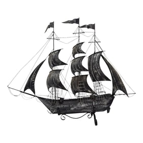 Vintage Tin Metal Galleon Ship Sculpture – Nautical Sailing Clipper With Full