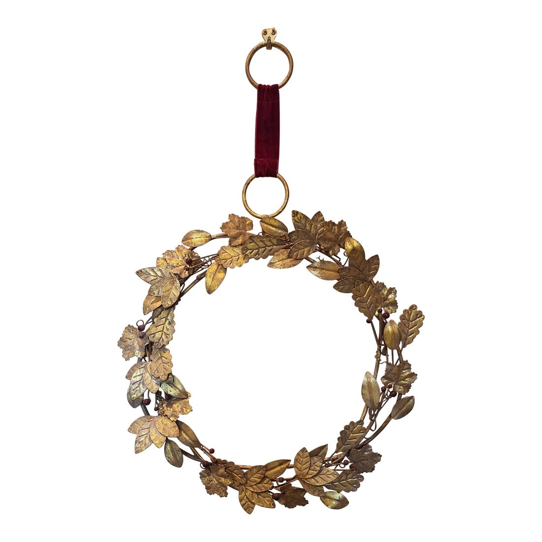 Gilt Metal Holiday Wreath: Charming vintage Italian gilt metal holiday wreath. This has a small red velvet section near the top ring. Condition: Alterations: Original Condition Unaltered Imperfections: Some Imperfections Condit