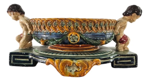 Mid-Century Italian Renaissance Revival Majolica Figural Centerpiece Bowl With Classical Male Suppor