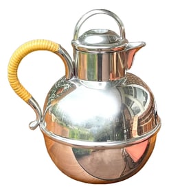 Early 20th Century Hotel Silver Pewter Tea Pot With Rattan Wrapped Handle by Queen Art Brooklyn