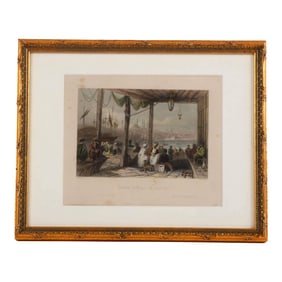 Antique Hand-Colored "Coffee Kiosque on the Port" Print