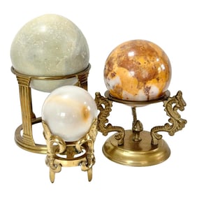 1980s Stone Spheres on Brass Pedestal - Set of 3