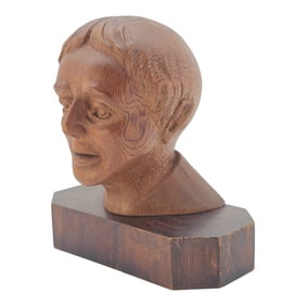 1920s Hand Carved Wood Bust Folk Art Sculpture, Outsider Art Male Figure 8.5"