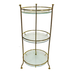 1970s Vintage Hollywood Regency Boho Chic Metal Twisted Rope Gold Finish 3-Tier Plant Stand.