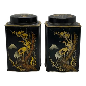 Vintage English Barnsley Canister Company Asian-Style Tole Tin Tea Caddies - a Pair