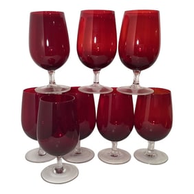 1960s Ruby Art Deco Water Goblets With Clear Low Rise Stems - Set of 8