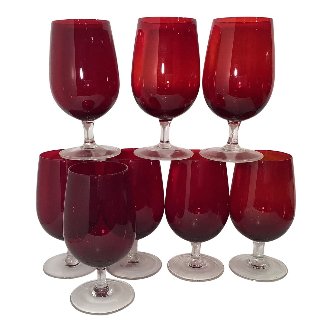 1960s Ruby Art Deco Water Goblets With Clear Low Rise Stems - Set of 8: Vintage Home is pleased to offer a set of 8 Ruby Red Cut To Clear Water Goblets. This set of Crystal low-rise stemmed goblets are a beautiful set of glasses. The design allows for use as water goblets