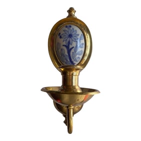 1970s Brass Candle Sconce With Blue and White Details
