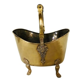 1970s Footed Hammered Brass Container With Lions Head Handle Mounts