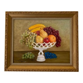 Mid 20th Century Oil on Board “Still Life Fruit in a Milk Glass Bowl Studyâ