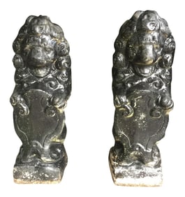 Vintage Black Stone Lion Foo Dogs - A Pair
