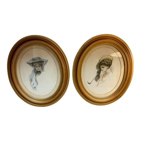 Harrison Fisher Gibson Girl Framed Oval Pictures Set of Two