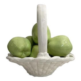 Mid 20th Century White Ceramic Trompe L’oeil Green Apple Basket