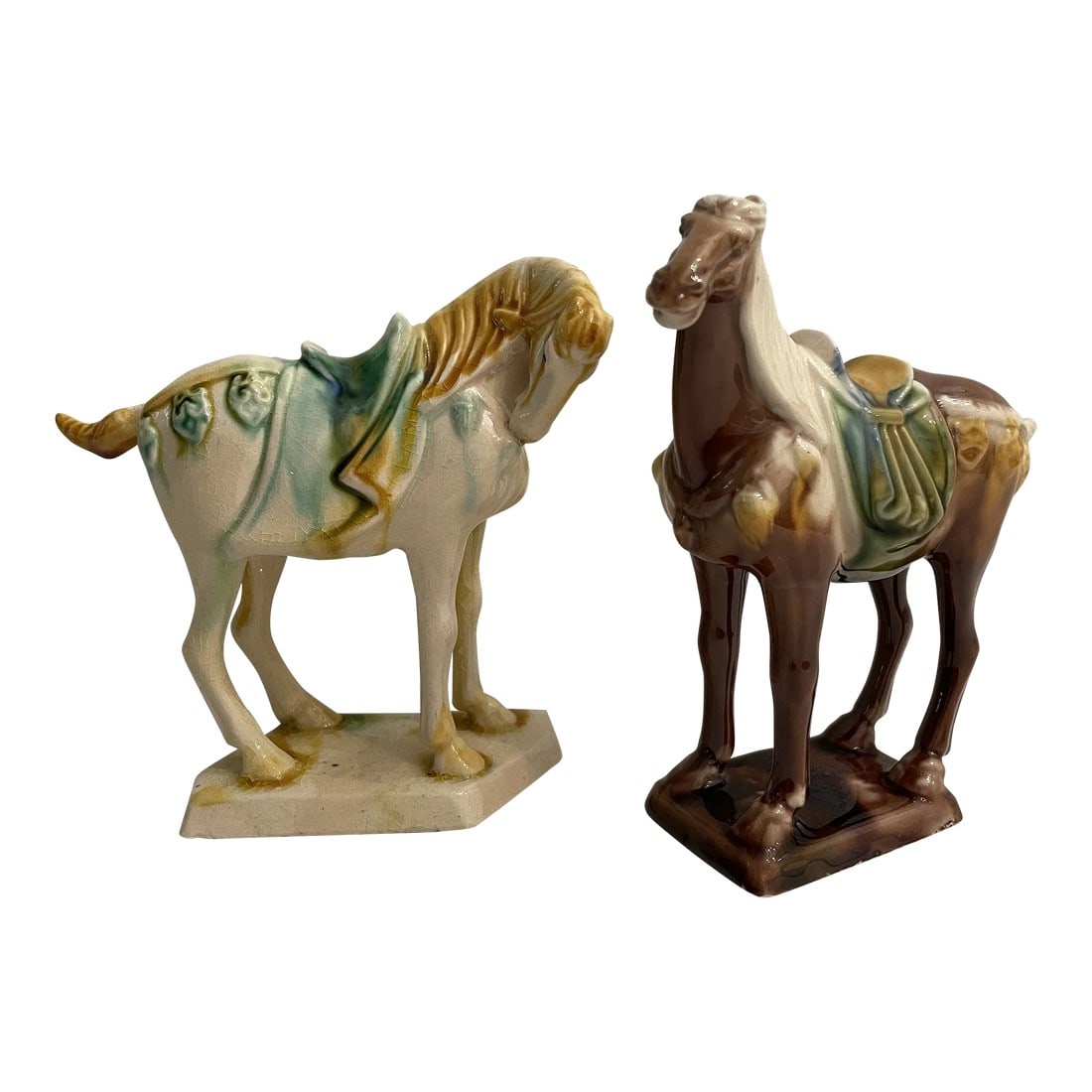 1980â€™s Miniature Tang Style Chinoiserie Horses - a Pair: These diminutive tang style horses are a perfect pair to style a shelf or table top. They are everything a tang horse should be , just smaller. The colors compliment each other and the saddles and dre