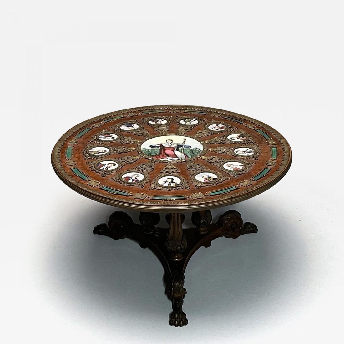 Napoleonic Porcelain Plaque Mounted Center Table, Neoclassical, 1930s, Bronze,