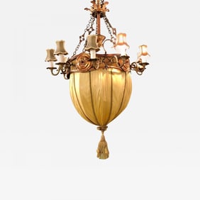 Palatial Light Fixture in Copper, Brass and Iron with Silk Dome Shade