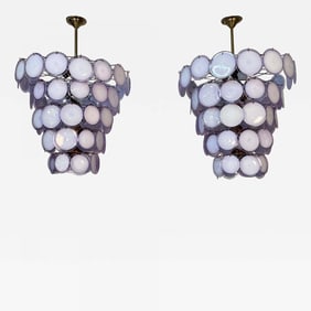 Pair Murano Disc Mid-Century Modern Tiered Chandelier, Antiqued Brass, New Wired