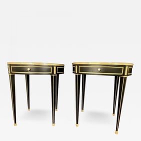 Hollywood Regency Ebony Bouillote or End Tables, Manner Jansen Mirror Tops, Pair