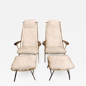 Pair of Hollywood Regency Style Shearling Lounge or Chaise Chairs and Ottomans