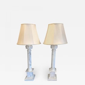 Pair of White and Grey Veined Column Marble Table Lamps with Custom Shades