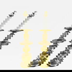 Pair of Hollywood Regency Solid Brass Table / Desk Lamps, Candlestick, Modern: Title: Pair of Hollywood Regency Solid Brass Table / Desk Lamps, Candlestick, ModernDescription: Pair of Hollywood Regency Solid Brass Table / Desk Lamps, Candlestick, Modern Brushed Brass United Stat