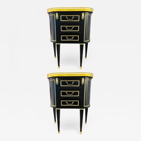Pair of Jansen Inspired Marble-Top Galleried Ebonized End Tables / Nightstands