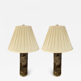 Pair of Modern Solid Marble Cylindrical Table Lamps, Brass Base, Single Bulb