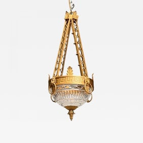 Maitland Smith, Gilt Metal, Glass, Greek Key Motif, Pendant Light, 21st C.