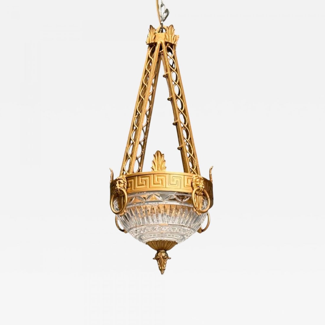 Maitland Smith, Gilt Metal, Glass, Greek Key Motif, Pendant Light, 21st C. (1 of 8)