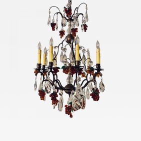 French Bronze Patina 9-Light Chandelier Cut Crystal & Glass Fruit Decorations