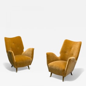 ISA Bergamo, Italian Mid-Century, Bronze, Camel Mohair, Lounge Chairs, 1950s