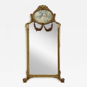 French Neoclassical Style Giltwood Wall / Console Mirror with Oval Artwork