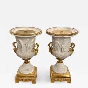 Neoclassical Sevres Parian and Doré Bronze Mounted Urns or Vases 1920s a Pair